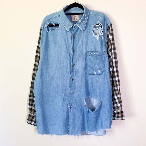 Furst Of A Kind Denim Chambray Plaid Flannel Button Down Shirt Oversized Grunge - Picture 2 of 5